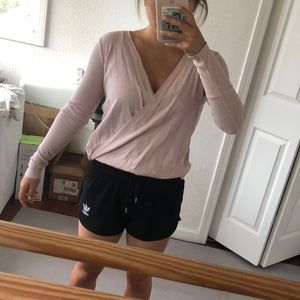 Pale pink ribbed wrap shirt